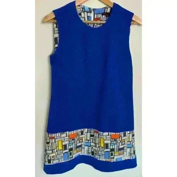 Adventures des Toiles colorblock art dress Blue Waffle texture Size 38 Sheath - Picture 1 of 10
